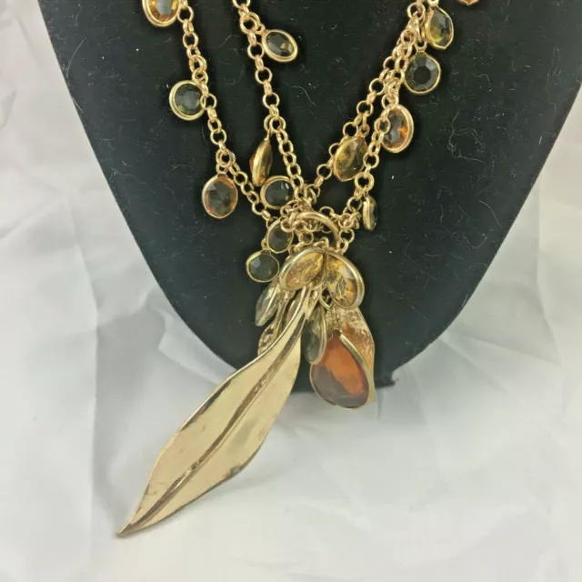 Charming Charlie Gold Tone Bead Necklace Rhinestone Leaves 16" w/ 3" extender US