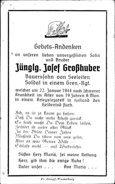 Sterbebild Holland, 22.01.1944, Befreiung, Wasserburg, Seeleiten