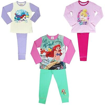Girls Little Mermaid Tinker Bell Ariel Disney Pyjamas Princess Fairy 4-10 Years