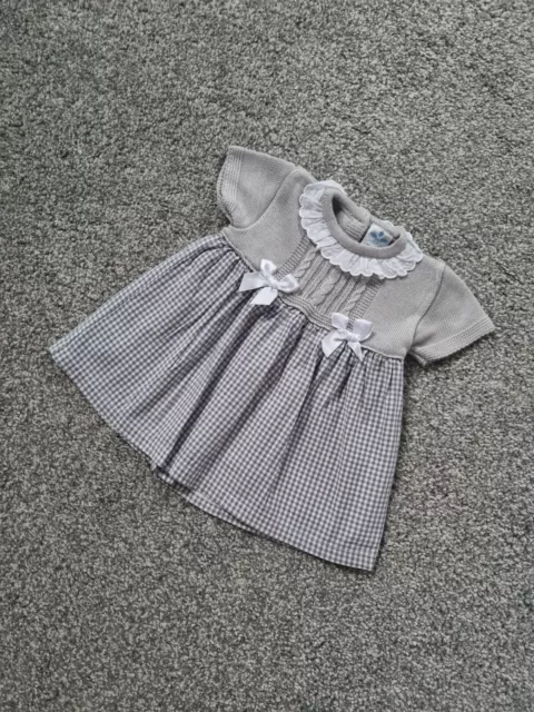 Baby Girls Sardon Spanish Dress Knitted Newborn Grey frill collar bows checked o