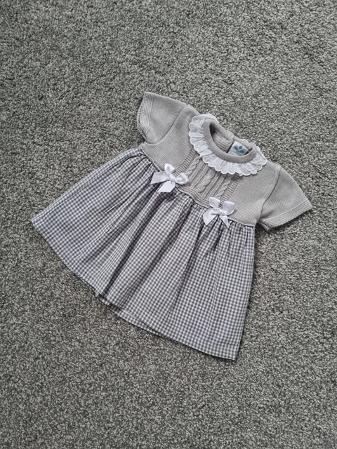 Baby Girls Sardon Spanish Dress Knitted Newborn Grey frill collar bows checked o