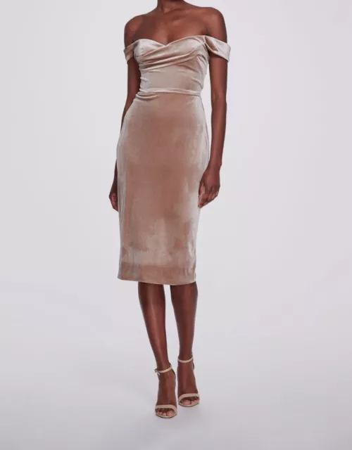 $595 Marchesa Notte Women's Beige Velvet Off-The-Shoulder Pencil Dress Size 12