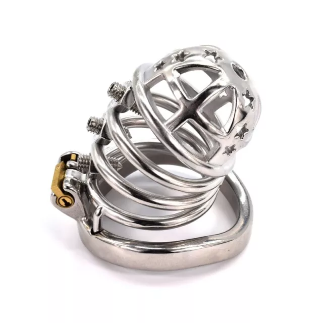 STAINLESS STEEL MALE Chastity Cage Device Men Metal Locking Belt Screw ...