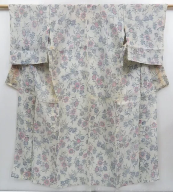 3927T06z460 Kimono japonais vintage Soie KINU-OJIYA Fleur Gris clair