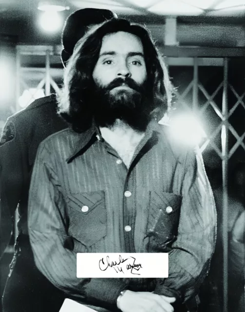 Charles Manson large 11" x 14" Photo and Repro Signature ready to frame.