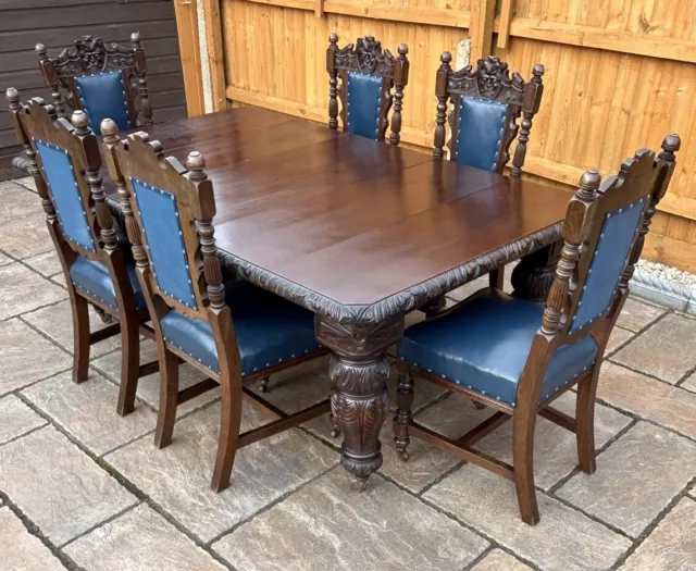 Antique Victorian Carved Oak Extending Dining Table And Six Chairs 3