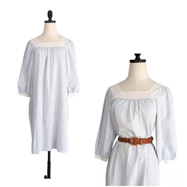 Vintage Country Store Nightgown Eyelet Lace Seersucker Stripe Blue White USA S