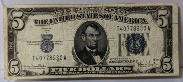 1934-D Five Dollar Note Silver Certificate $5 Old US Bill Average Circ