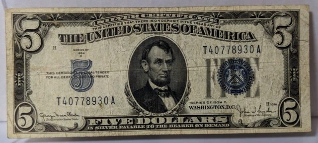 1934-D Five Dollar Note Silver Certificate $5 Old US Bill Average Circ