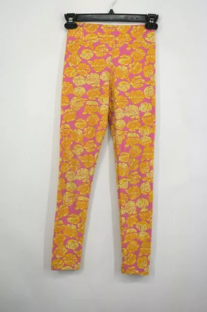 LuLaRoe Kids Pink Leggings Gold Floral Print Leggings Athletic Stretch Sz Tween