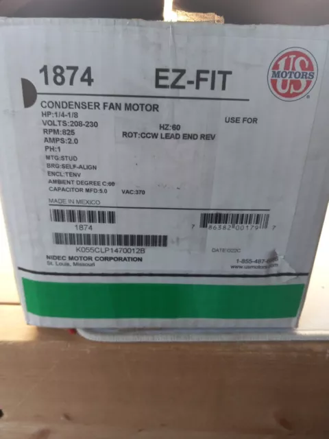 US Motors 1874, Condenser Fan, 1/4 - 1/8 HP, 1-Phase, 825 RPM Motor