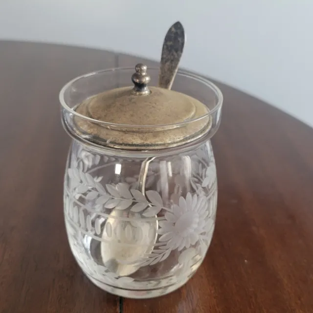 Antique Watson Sterling Lid And Spoon Etched Glass Jam, Mayo, Mustard Jar Dish