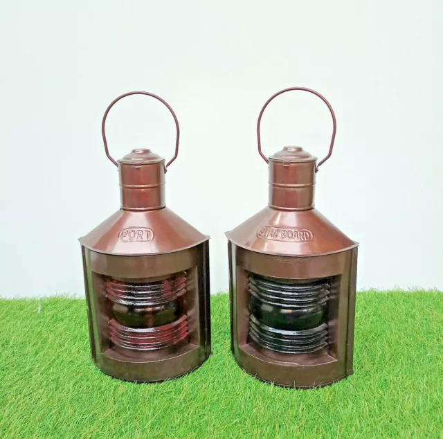 Set of 2 Beautiful Oil Lamps in Red & Green Colour Boat Light Port Lantern Decor
