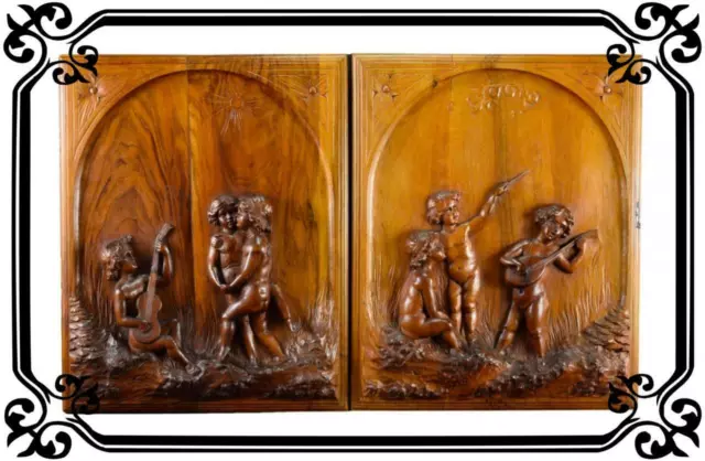 Vintage Pair of French Cherub Hand Carved Walnut Wood Panels 19th
