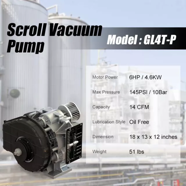 Upgrade 6Hp Oil-free Scroll Air Compressor Replacement Pump 4.6V 145ph 14cfm