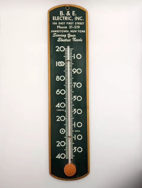 1940's - 50's Wood 15" Advertising Thermometer -  B & E Electric Jamestown NY