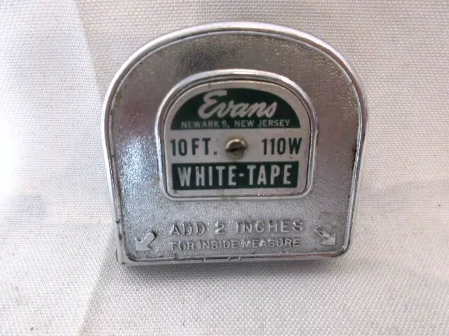 VTG Tape Measure Evans White Tape Black Print 10 Ft Green Label USA Newark NJ