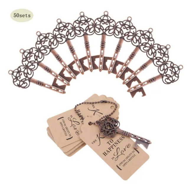 50Sets Vintage for Key Shape Bottle Opener with Tags Card Wedding Party G