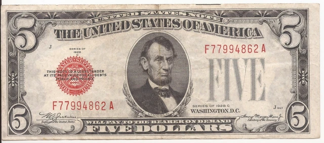 Fr. 1528 1928-C $5 Five Dollars Legal Tender United States Note Vf+