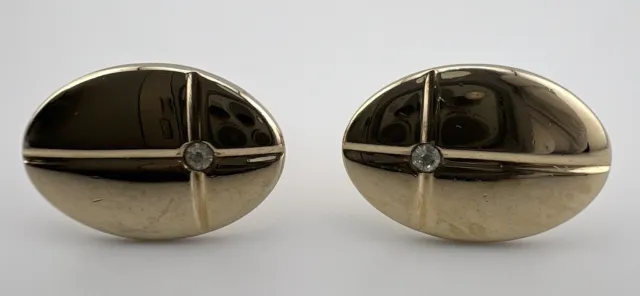 Swank Vintage Oval Shape Gold Tone Mens Cufflinks with Clear Jewels. Used.