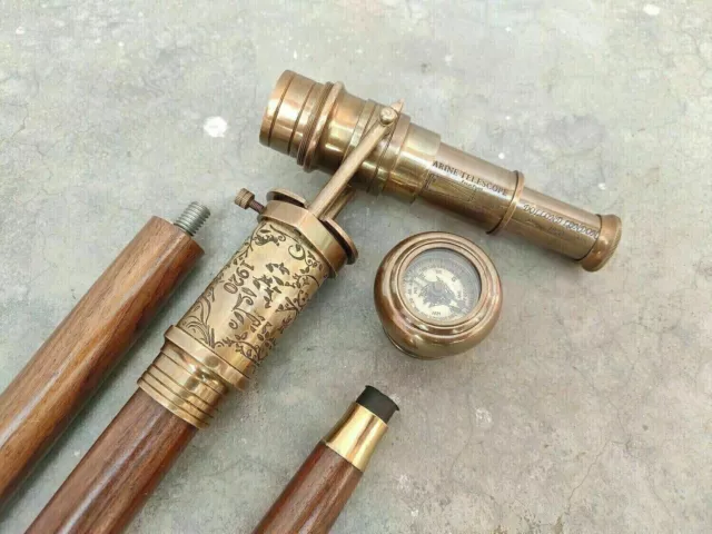 Telescope Compass On Top Head Handle Wooden Walking Stick Cane