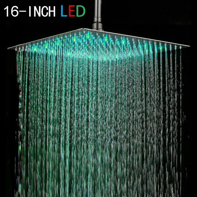16inch Brushed Nickel LED Rain Shower Head Stainless Steel Ceiling High Pressure