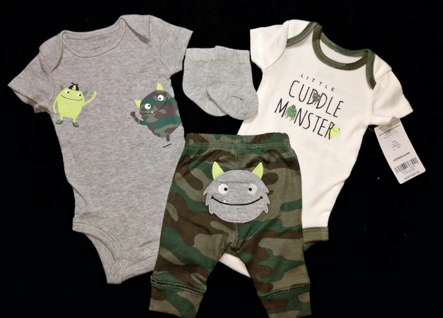 NWT Carter's Preemie baby boy Gray Army print with Monsters CUTE 4PC outfit set