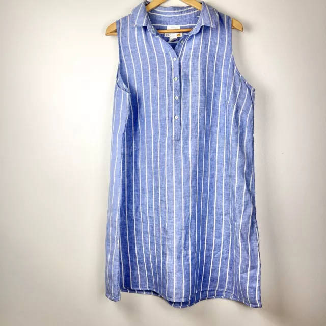 Women’s C+C California 100% Linen Dress 1X Blue White Stripes Sleeveless Collar