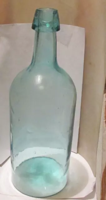 antique aqua hand tooled lip mineral water bottle 13" tall 4 1/2" at base bubble