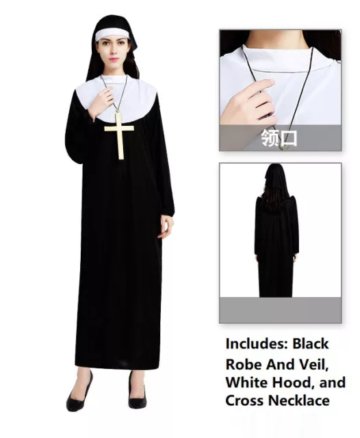 Blessed Babe Nun Black Robe Costume w/Hood & Cross for Halloween Cosplay OneSize