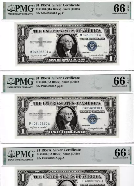 $1  1957 A  SILVER CERTIFICATE  Fr. 1620 VARIOUS BLOCKS - BUY ONE NOTE PMG 66
