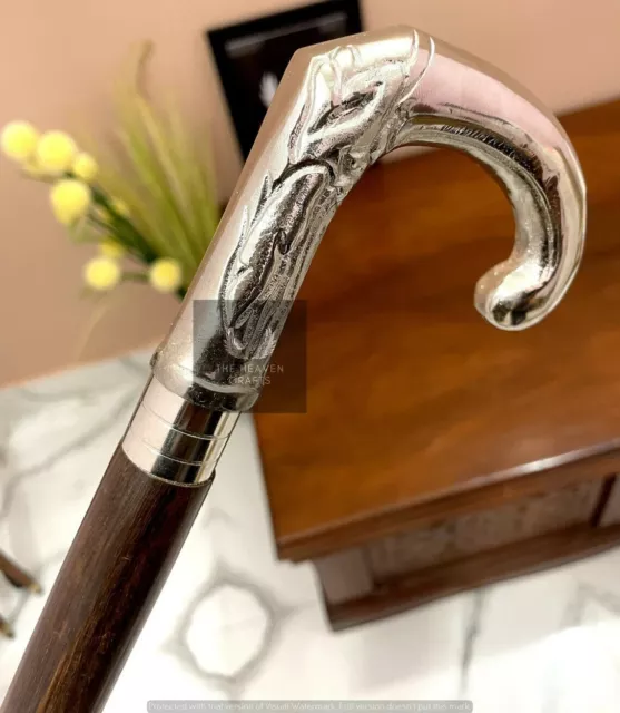 Solid Silver Eva Adam Head Vintage BLACK Wooden Walking Stick Cane Gift