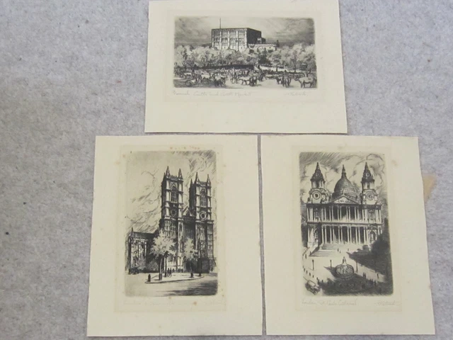 3 Etchings by Thomas Stead of Norwich Castle,Westminster and St Pauls Cathedrals