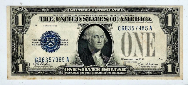 NICE, FUNNY BACK SERIES 1928 Small $1 US SILVER CERTIFICATE NOTE Alignment Error