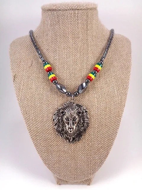 Brand New!!! Rasta Beaded Hematite Necklace with Pewter Lion Pendant