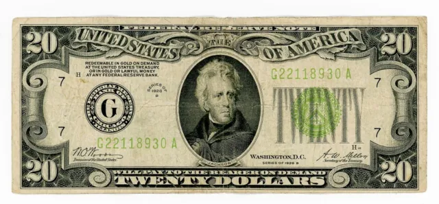$20 1928-B Federal Reserve Note FR.2052-G Gold On Demand FRN