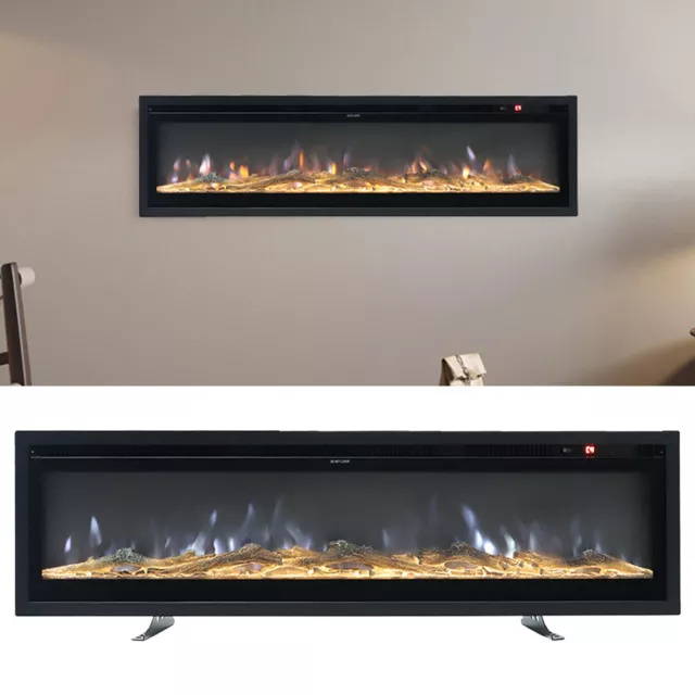 Electric 40" 50" 60" Wall Fireplace LED Log Flame Inset Into Floor 3-Way Install