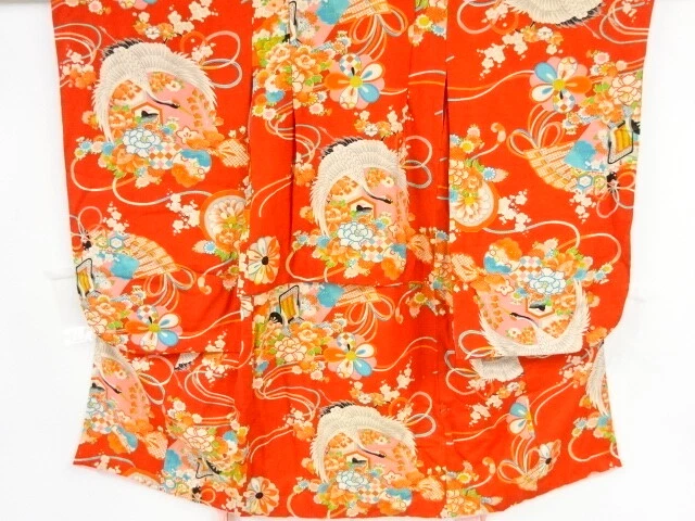 81323# Japanese Kimono / Antique Kimono For Girls / Cranes & Folding Fan Pat