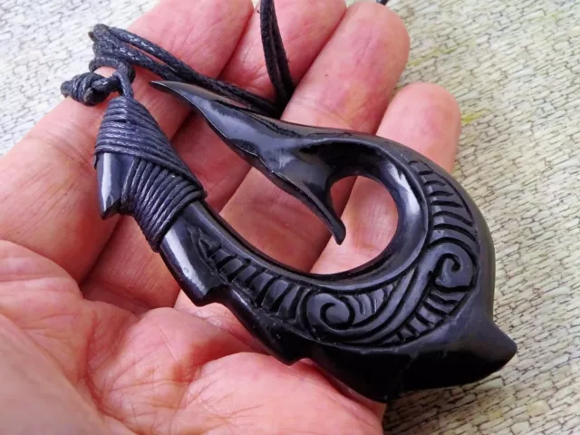 Maori Dragon Fish Hook Pendant Whaletail Necklace Hei Matau Hand Carved Large 3"