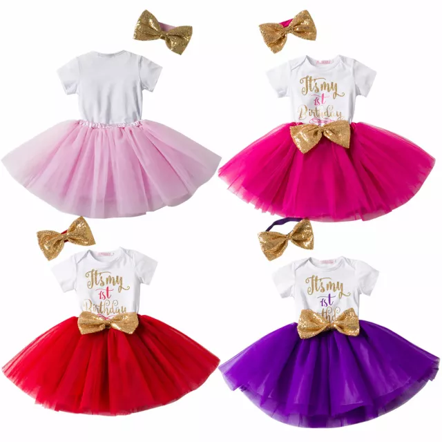 Baby Girls 1st Birthday Costume Outfits Romper Tops Mesh Tutu Skirt Headband Set