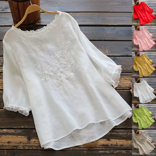 Women Cotton Linen Baggy T-Shirt Blouse Summer Floral Loose Tunic Tops Plus Size