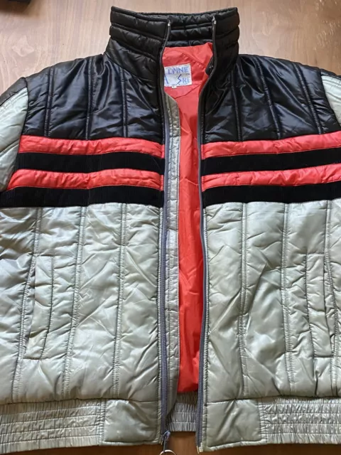 Vintage 70's Alpine Ski Jacket Coat Thiller  Red Blk Corduroy Trim Puffer Down