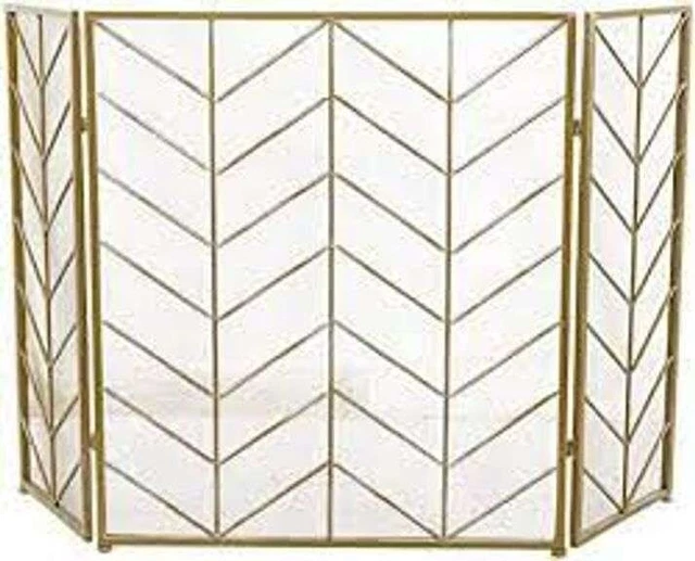 Gold Metal 52 in. W/Foldable Mesh Netting 3 Panel Geometric Fireplace Screen