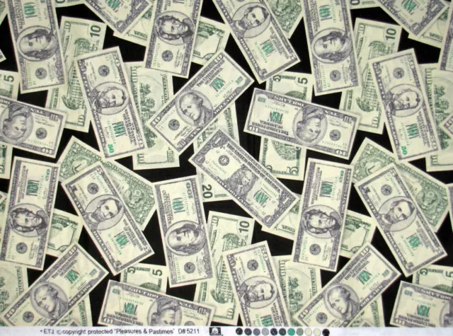 Fabric with Money Dollar Ten Twenty Bills Printed on Black Background By Yard
