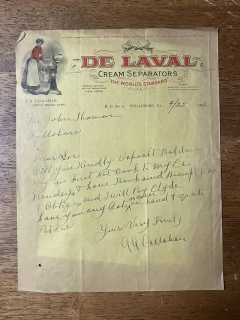 1912 Color Illustrated De Laval Cream Separator Letterhead Wellsboro Pa