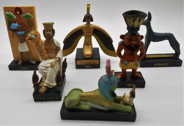 Égypte : Lot De 6 Figurines Égyptienne En Résine Aton Bes Serapis Isis Harmachis