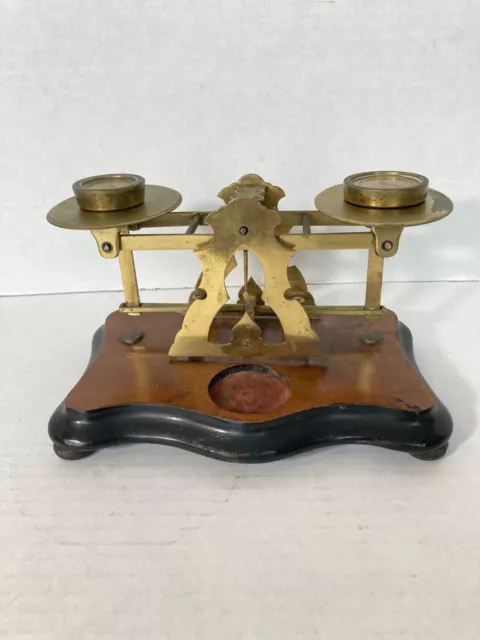 Vintage Brass and Wood Postal Scales with 8 Oz of Weights