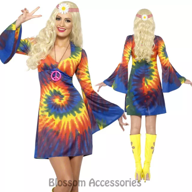 Ladies Tie Dye 1960s Hippy Costume Womens 60s 70s 1970s Go Go Hippie Fancy Dress