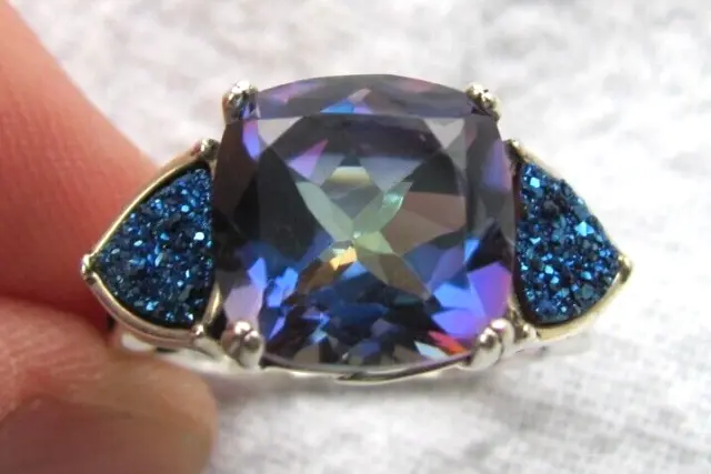 Estate Sterling Silver Blue Multicolor Mystic Topaz & Druzy Quartz Ring Size 7