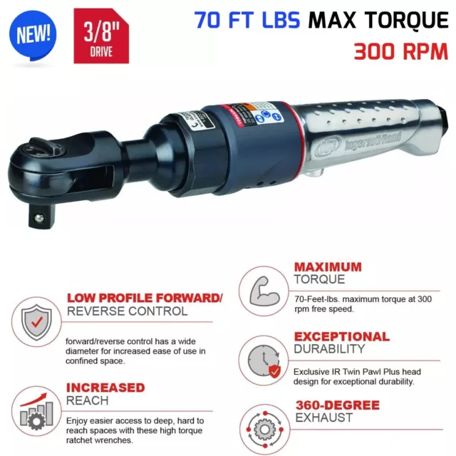 3/8” Drive Air Impact Ratchet Wrench 70ft lbs Max Torque Forward/Reverse Control